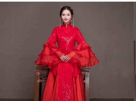 荷葉邊袖新娘結(jié)婚禮服，優(yōu)雅網(wǎng)紗蓬松中式禮服