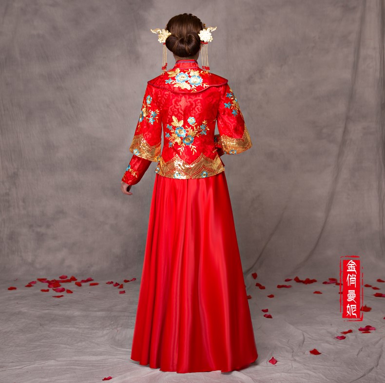 華麗蘭花刺繡新娘禮服，中國(guó)風(fēng)中式禮服