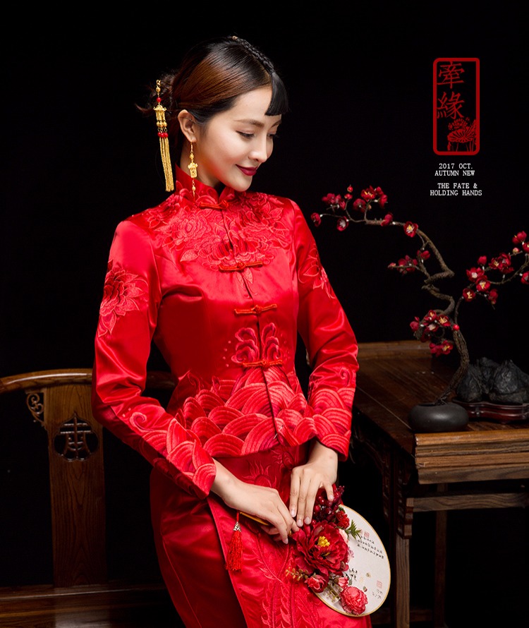 紅妝素雅中式禮服，同色系刺繡新娘禮服