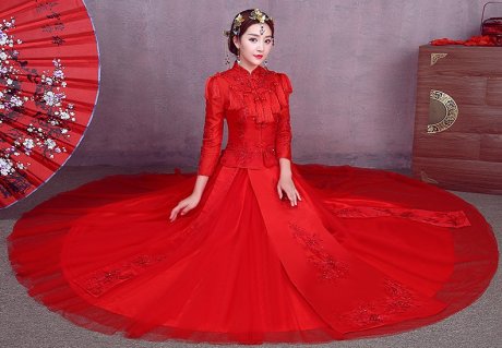 簡約紅色中式禮服，流蘇中國風(fēng)新娘結(jié)婚禮服