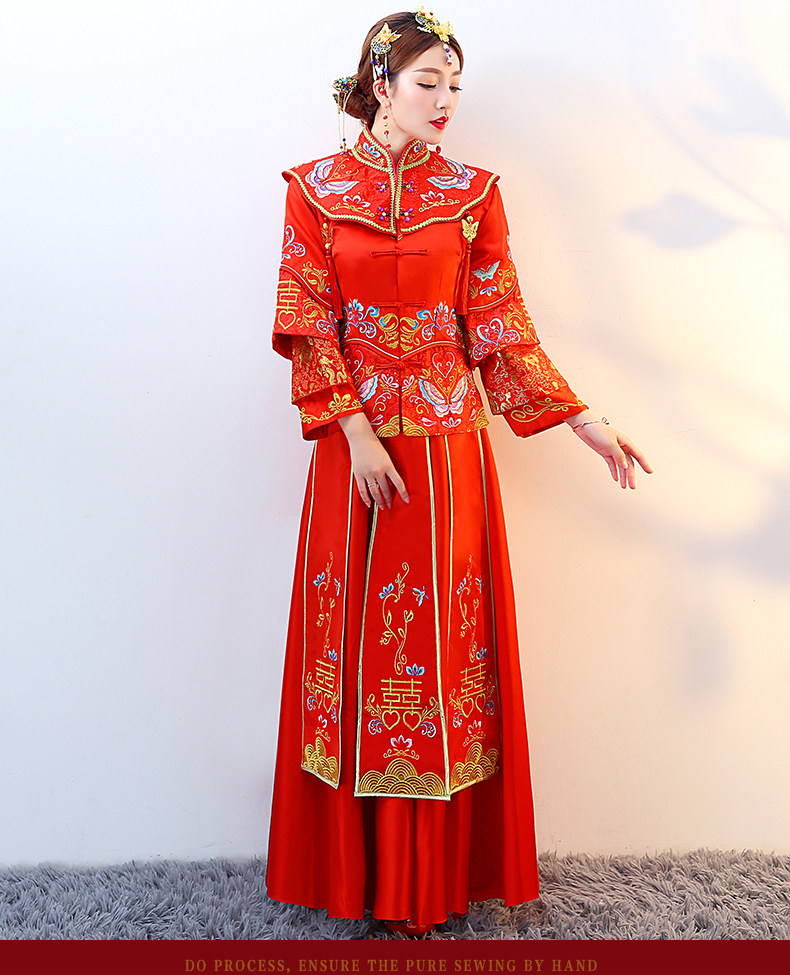 紅色復(fù)古典雅中式禮服，新娘結(jié)婚禮服