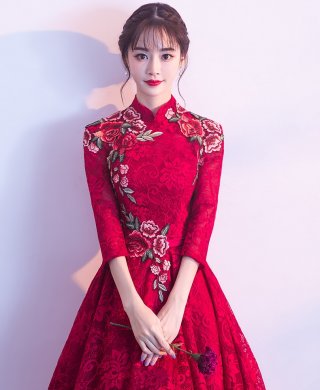 古典蕾絲中式禮服，優(yōu)雅花朵晚禮服