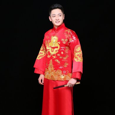 金龍刺繡男士中式禮服，時尚中國風(fēng)新郎禮服