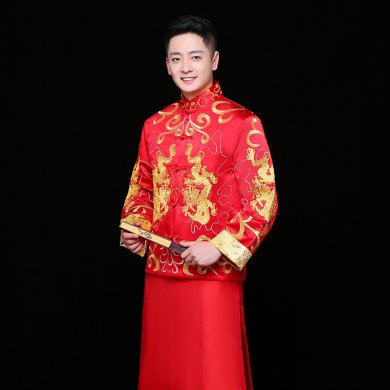 雙龍刺繡男士中式禮服，時尚中國風(fēng)新郎禮服