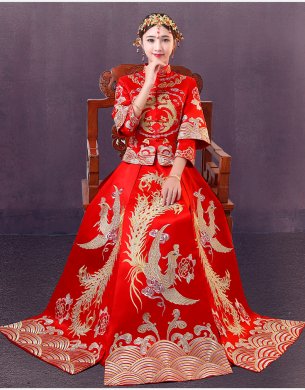 時(shí)尚中國風(fēng)中式禮服，精美奢華刺繡新娘禮服