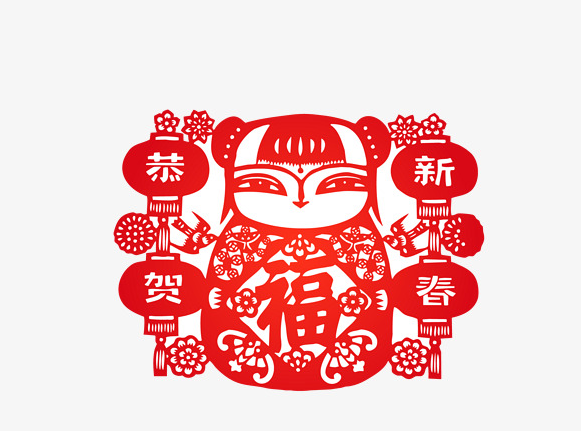 六款吉祥福娃剪紙圖案：吉祥如意萬事順