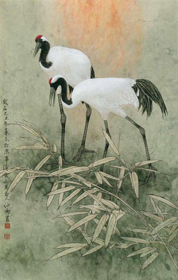 竇申清仙鶴工筆畫國(guó)畫作品欣賞