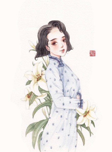 清新水彩旗袍女子插畫，唯美的古風插畫圖集