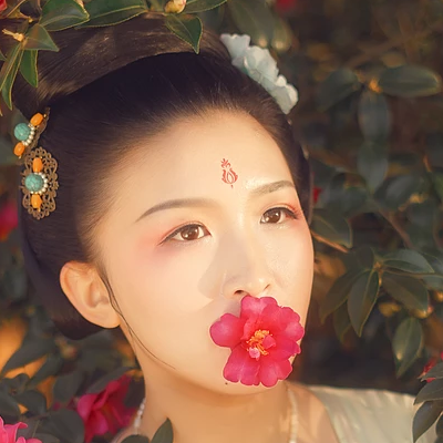 嬌艷紅花帶團扇女生頭像：唯美古風(fēng)真人頭像